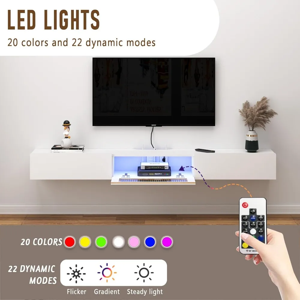 Floating TV Stand with LED Lights ,Wooden Entertainment Media Console Center Large Storage Shelf Under TV