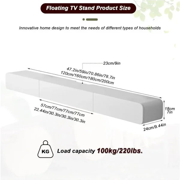 Solid Wood Floating Unit with 2 drawer 120cm Modern Wall-Mounted Cabinet with Storage for Living Room, Bedroom