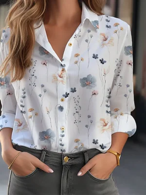 Women's 3D Flower Print Button-Down Shirt
