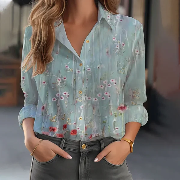 Women's 3D Flower Print Button-Down Shirt