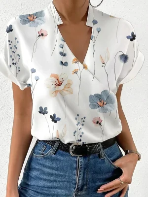 Elegant Blouse Printed Short Sleeve Shirts 2024 Summer Office Lady Cross V-Neck Flower Shirt