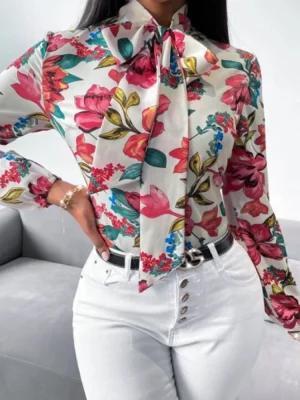 Work Clothes Floral Print Bow Tie Shirt