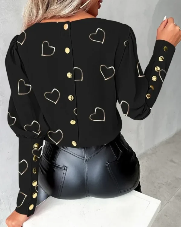 Women's Peach Heart Print Button-Up - Fall/Winter Casual