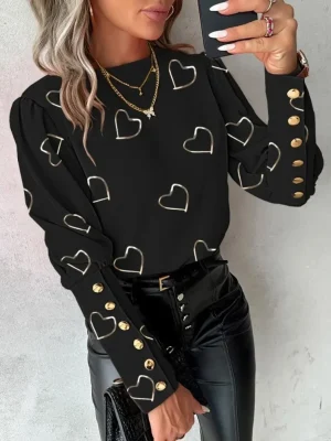 Women's Peach Heart Print Button-Up - Fall/Winter Casual
