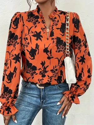 Women's Plant Flower Print Flared Long Sleeve Shirt