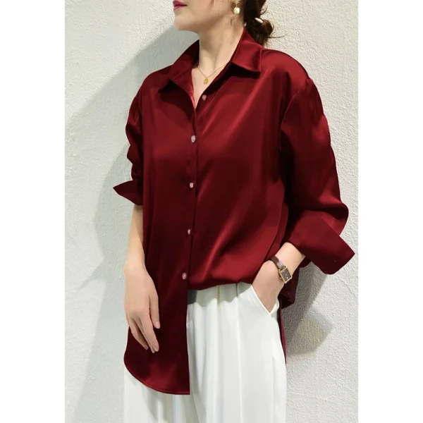 Women's Satin Button-Down Shirt - Long Sleeve Office Elegant