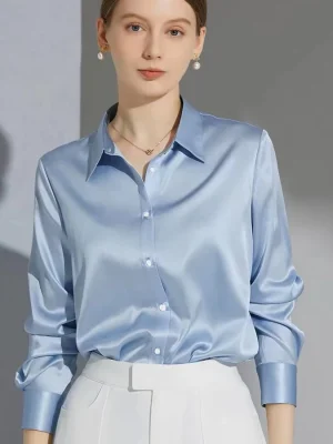 Women's Satin Button-Down Shirt - Long Sleeve Office Elegant