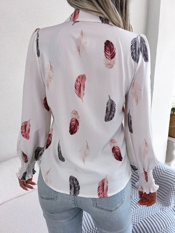 Casual Lantern Sleeve Button Front Turn Down Collar Feather Print Shirt