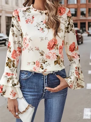 Floral Bell Sleeve Collared Blouse