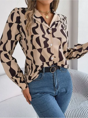 Contrast Striped Lapel Blouse - Women's Office