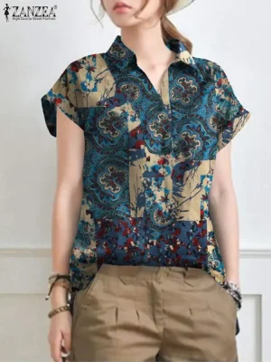 Women's Vintage Floral Bohemian Blouse - Lapel Short Sleeve