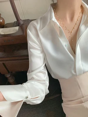 French Satin Office Blouse - Women's Elegant
