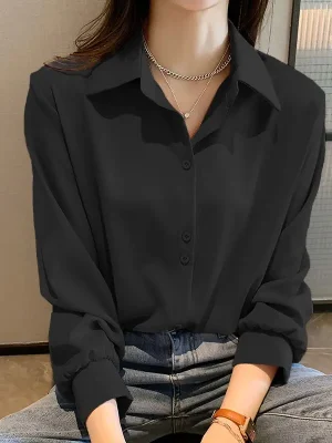 Women's Black Chiffon Button-Down - Long Sleeve Korean Style