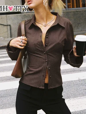 Striped Slim Office Blouse - Brown Flared Sleeve