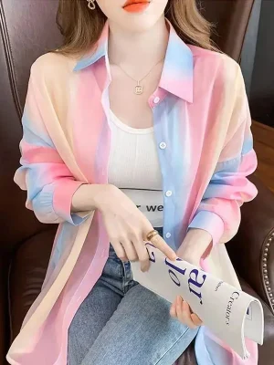 Women's Rainbow Gradient Sheer Blouse - Turn-Down Collar