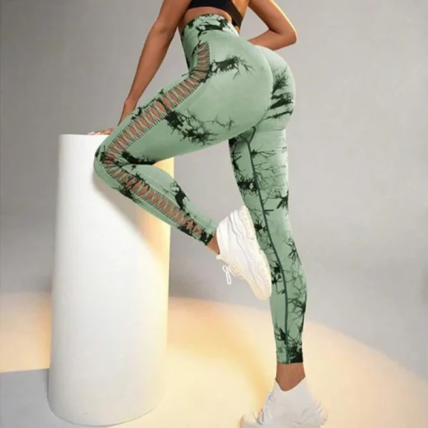 High Waist Tie Dye Mesh Leggings - Women's Push Up Hollow
