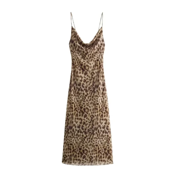 TRAF Leopardprint Tyll Slipkjole – Ryggløs Sommerkjole til Fest