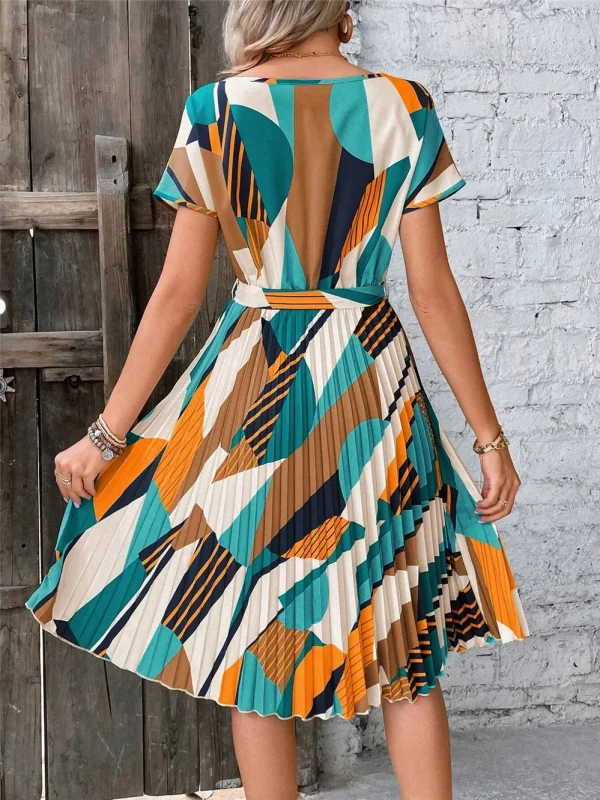 Elegant Print Lace-up Dress Summer Women Round Neck Pleated Medium Long Dress