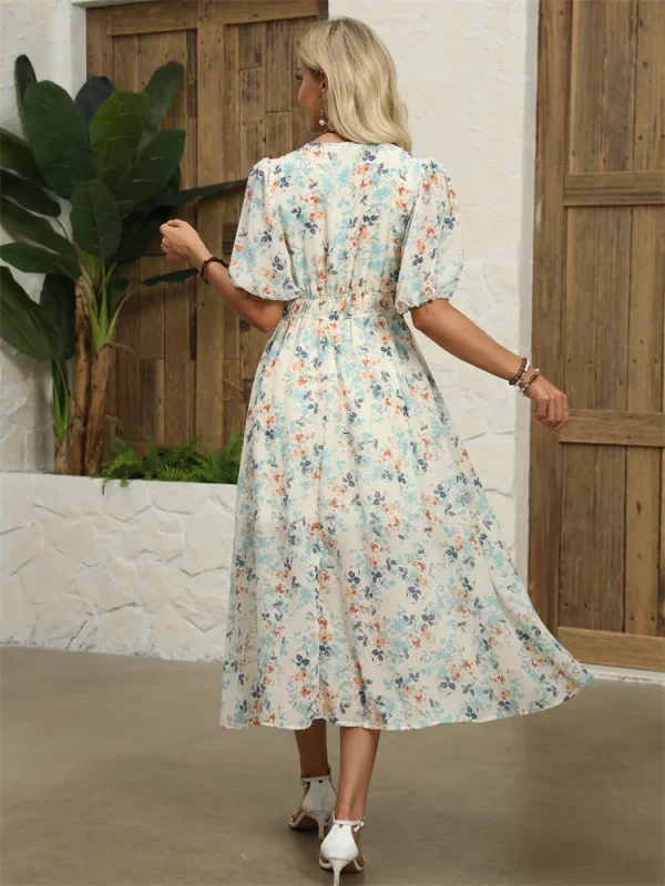 Vacation Leisure Floral Printed Tight Waist Long Dress Women Spring Summer Lantern Sleeve Sexy V-neck Chiffon Dress