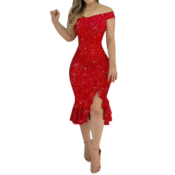 Sexy Sommerkjole Dame – Off-Shoulder Paljettkjole med Rysjer