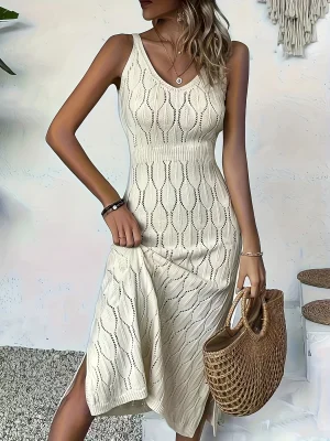 Knitted mix sleeveless long coat-style sweater dress semi-sheer and unlined