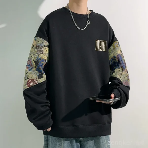 Men’s Large Size Round Neck Hoodie – Casual Splicing Pullover