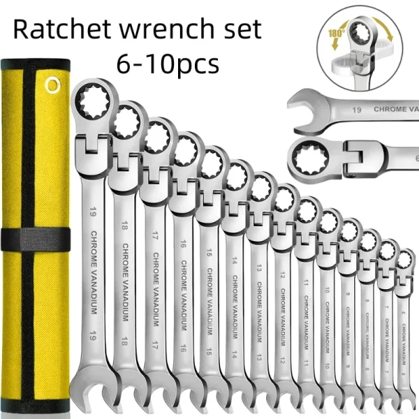 Ratcheting Wrench Set 6–22mm – Metric Flex-Head Spanners with Storage Bag