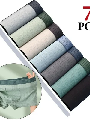 7PCS Men’s Cotton Boxer Shorts – Breathable, Mid-Waist, Soft Underwear
