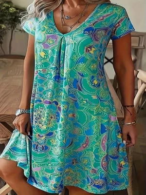 Plus Size Peplum Kjole – Elegant V-hals med Korte Ermer og Trykk