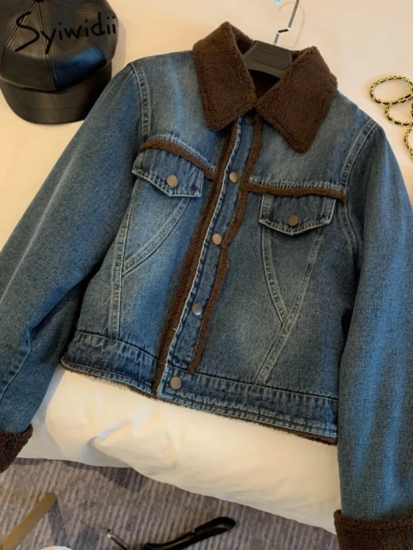 Syiwidii denimjakke med krage og fuskepels, vintermote med knapper.