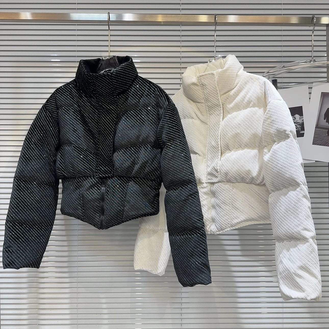 PREPOMP Winter New Collection Stand Collar Bright Silk Striped Diamonds Fleece White Duck Down Coat Women Short Jacket GM781