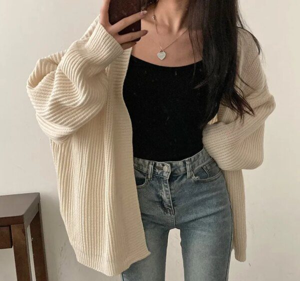 Slouchy Strikket Cardigan Dame – Langermet Ribbestrikket Åpen Front